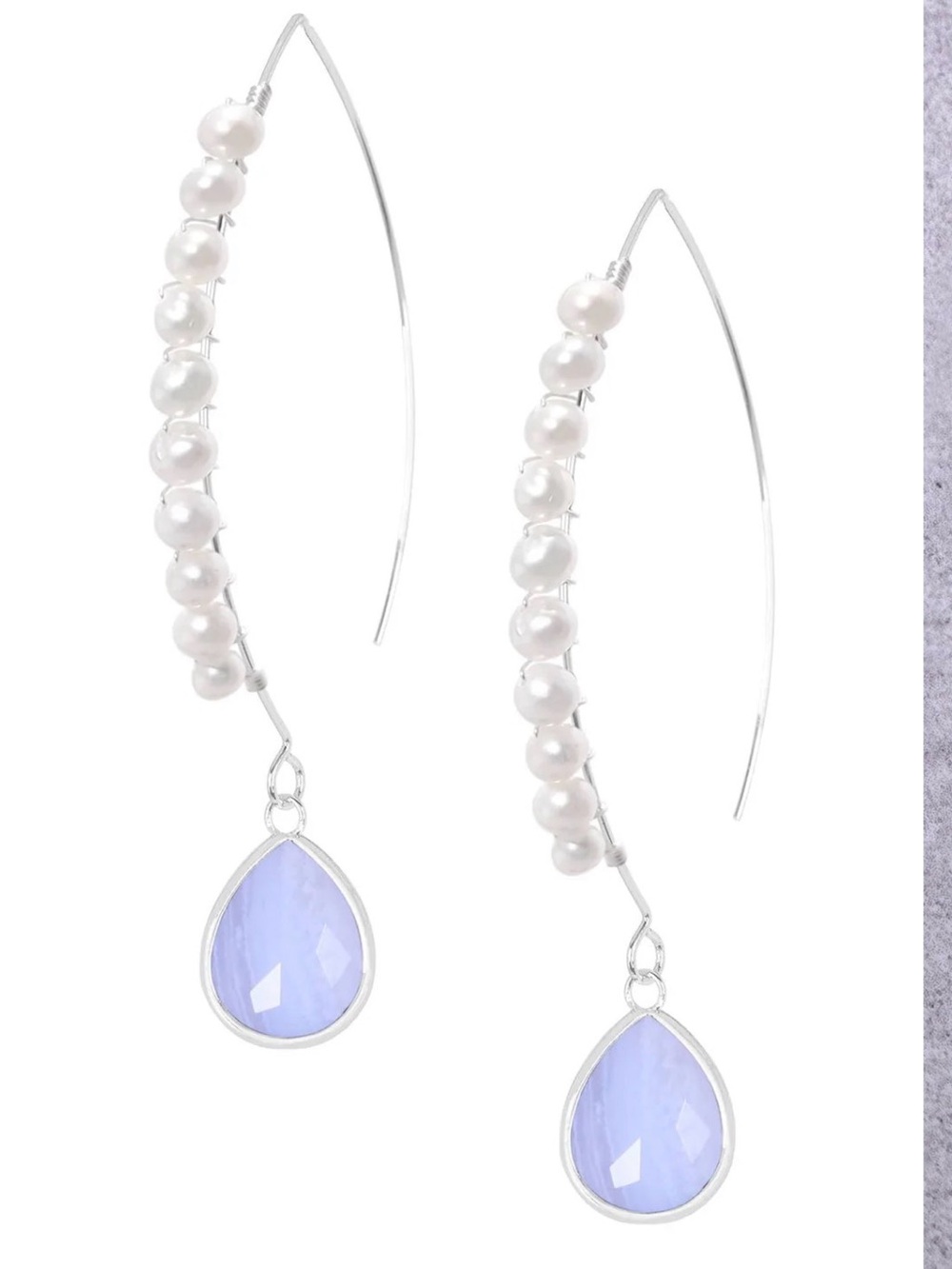 Blue Lace Agate & Freshwater Pearl Sterling Silver Threader Earrings